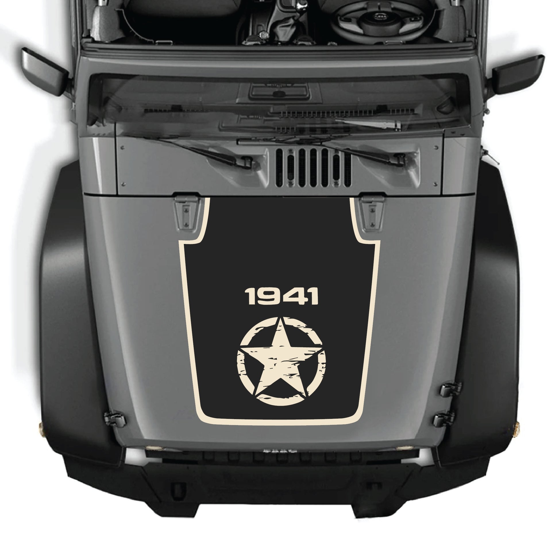 Jeep Wrangler JK JKU hood decal featuring a 1941 center star with border graphic in premium vinyl, designed for 2007-2018 models.