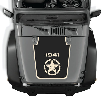 Jeep Wrangler JK JKU hood decal featuring a 1941 center star with border graphic in premium vinyl, designed for 2007-2018 models.