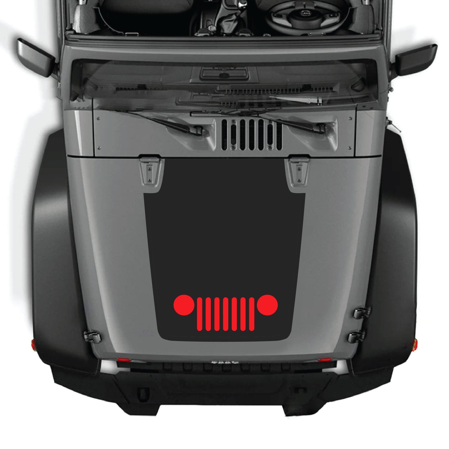 Jeep Wrangler JK JKU hood decal graphic kit with center grill design in premium vinyl, featuring bold black and white graphic elements.