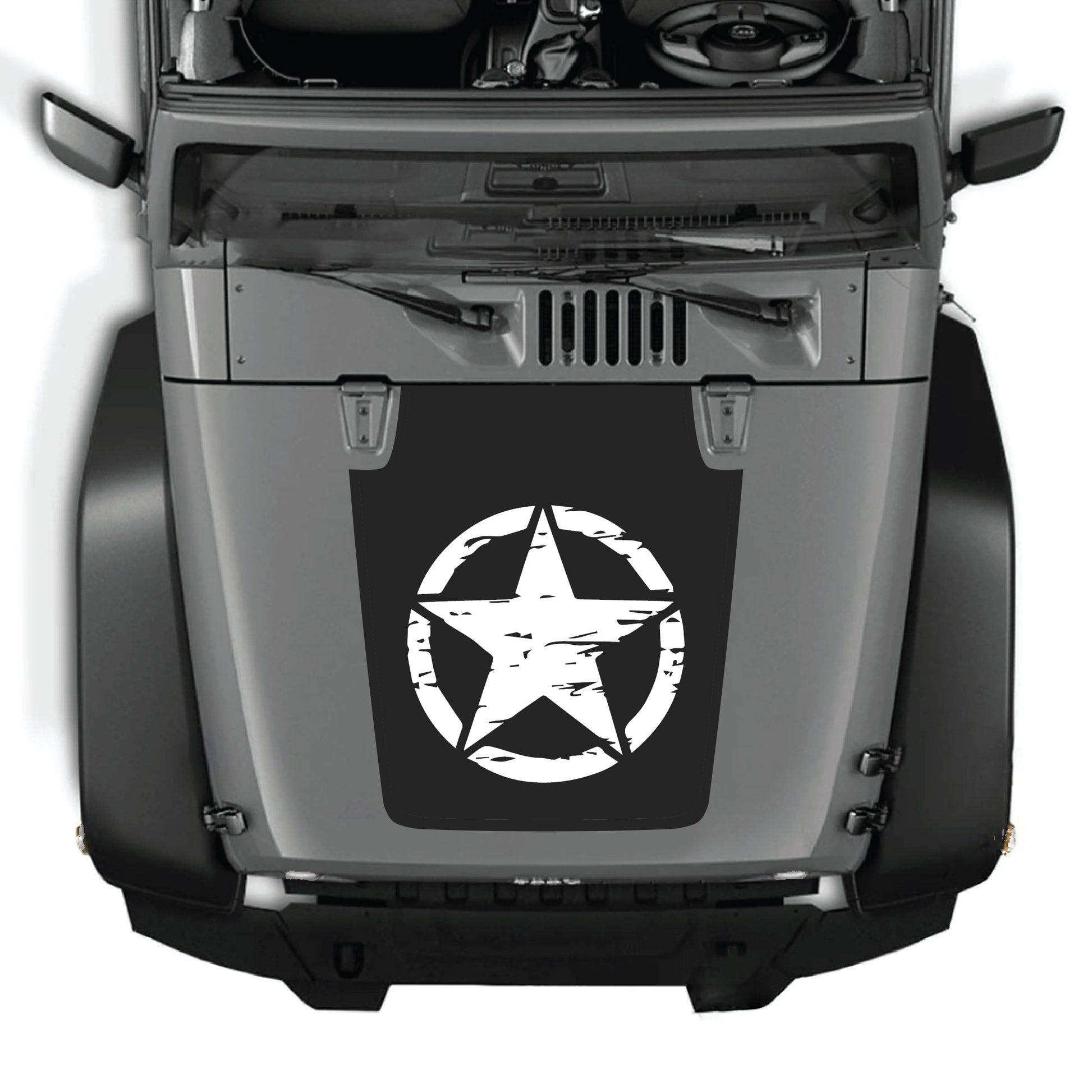 Full Jeep Wrangler JK JKU hood decal with bold star graphic, made from premium vinyl by CarCode for a stylish exterior upgrade.
