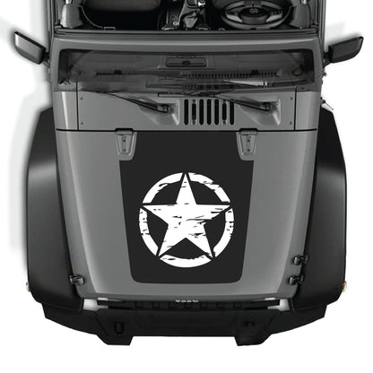 Full Jeep Wrangler JK JKU hood decal with bold star graphic, made from premium vinyl by CarCode for a stylish exterior upgrade.