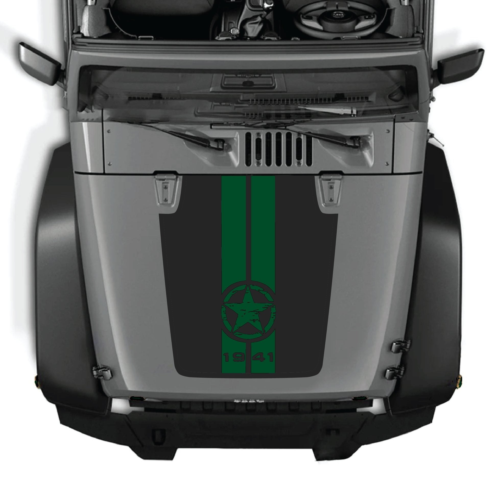 Jeep Wrangler JK hood decal with 1941 star and stripes graphic, premium vinyl CarCode sticker kit on vehicle hood