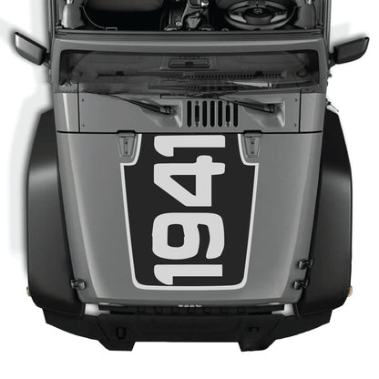 Jeep Wrangler JK JKU hood decal with "1941" graphic and border, made of premium vinyl by CarCode for 2007-2018 models.
