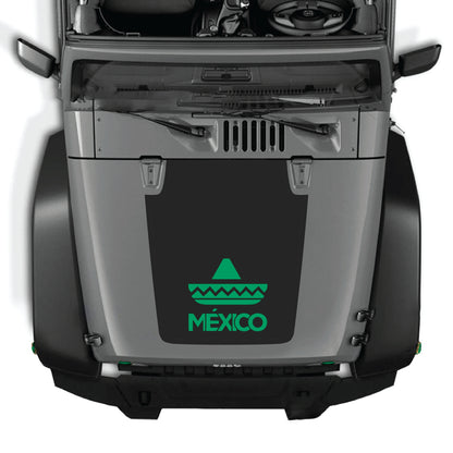 CarCode Mexico hood decal graphic kit on Jeep Wrangler JK JKU, premium vinyl sticker with vibrant Mexican flag design.