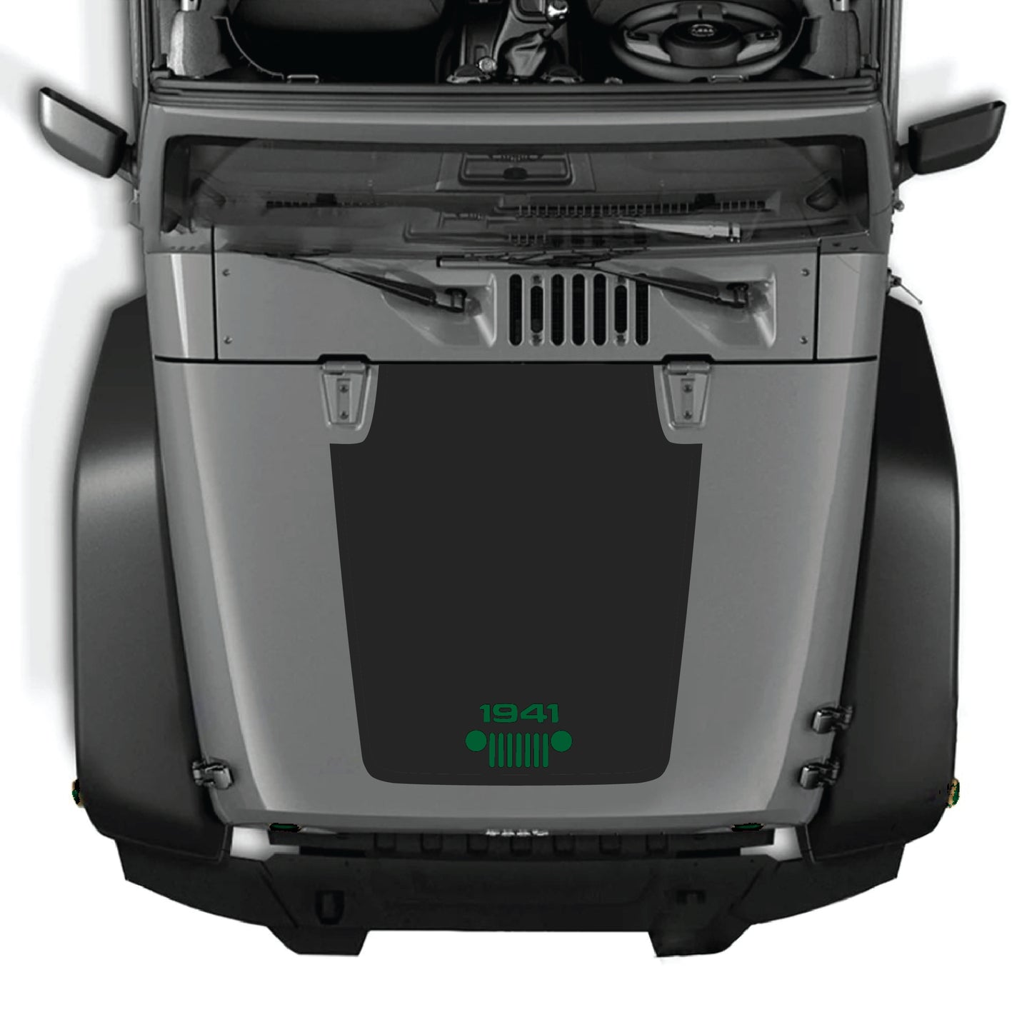 Jeep Wrangler JK hood decal with 1941 grill graphic kit in black premium vinyl, designed for 2007-2018 models.