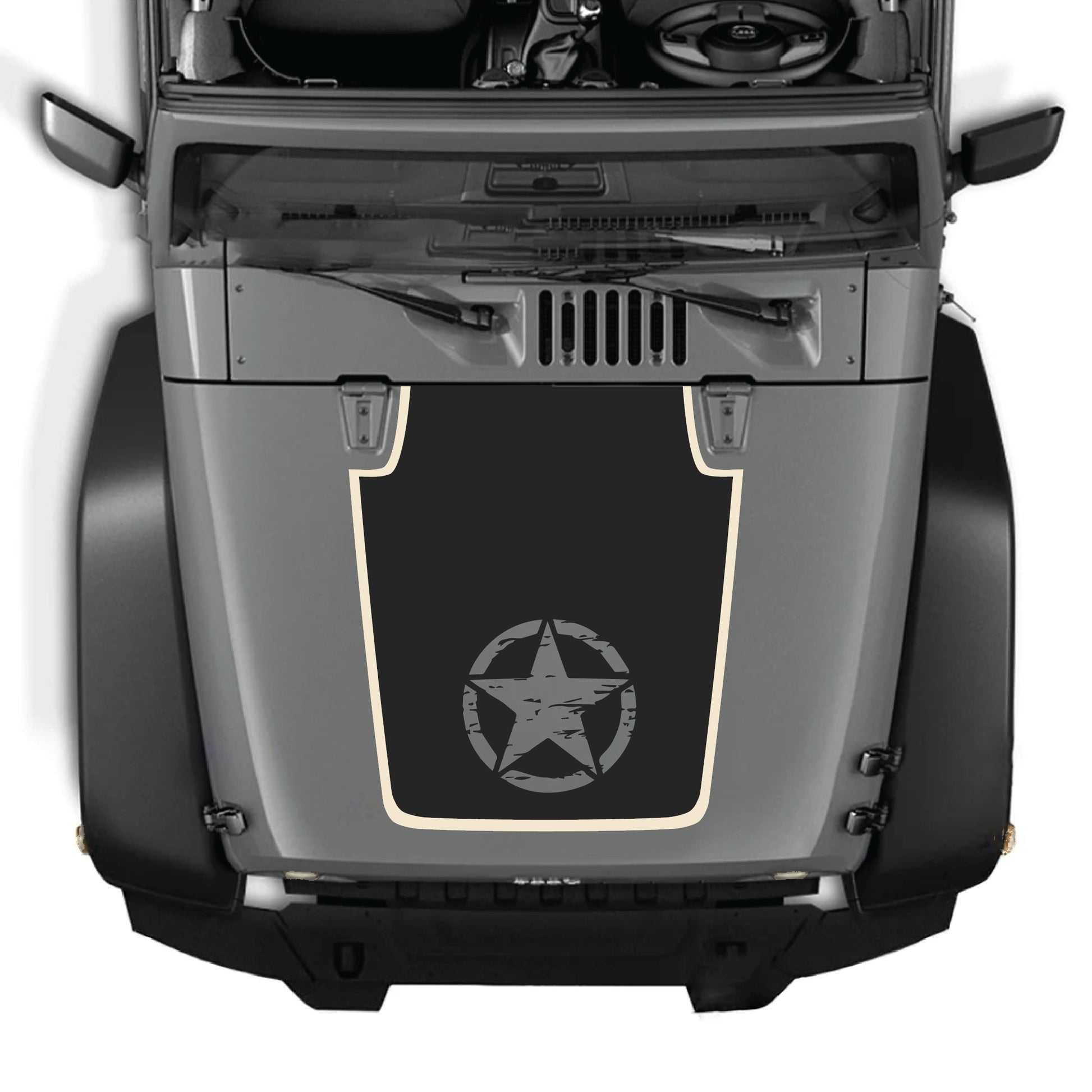 Calcomanía para capó de Jeep Wrangler JK JKU con gráfica de estrella central, hecha de vinilo premium por CarCode, aplicada en el capó del vehículo.