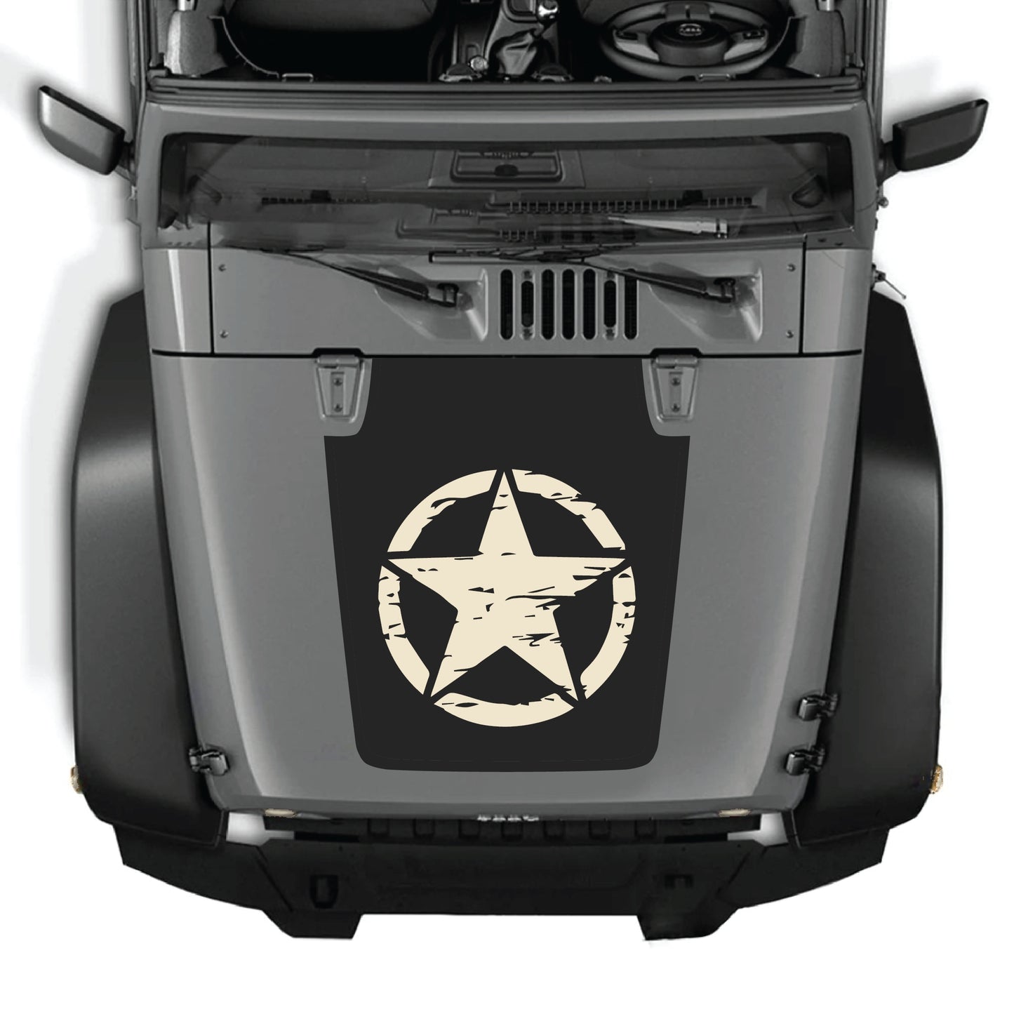 Full Jeep Wrangler JK JKU star hood decal graphic kit by CarCode, made of premium vinyl, featuring bold star design on vehicle hood.