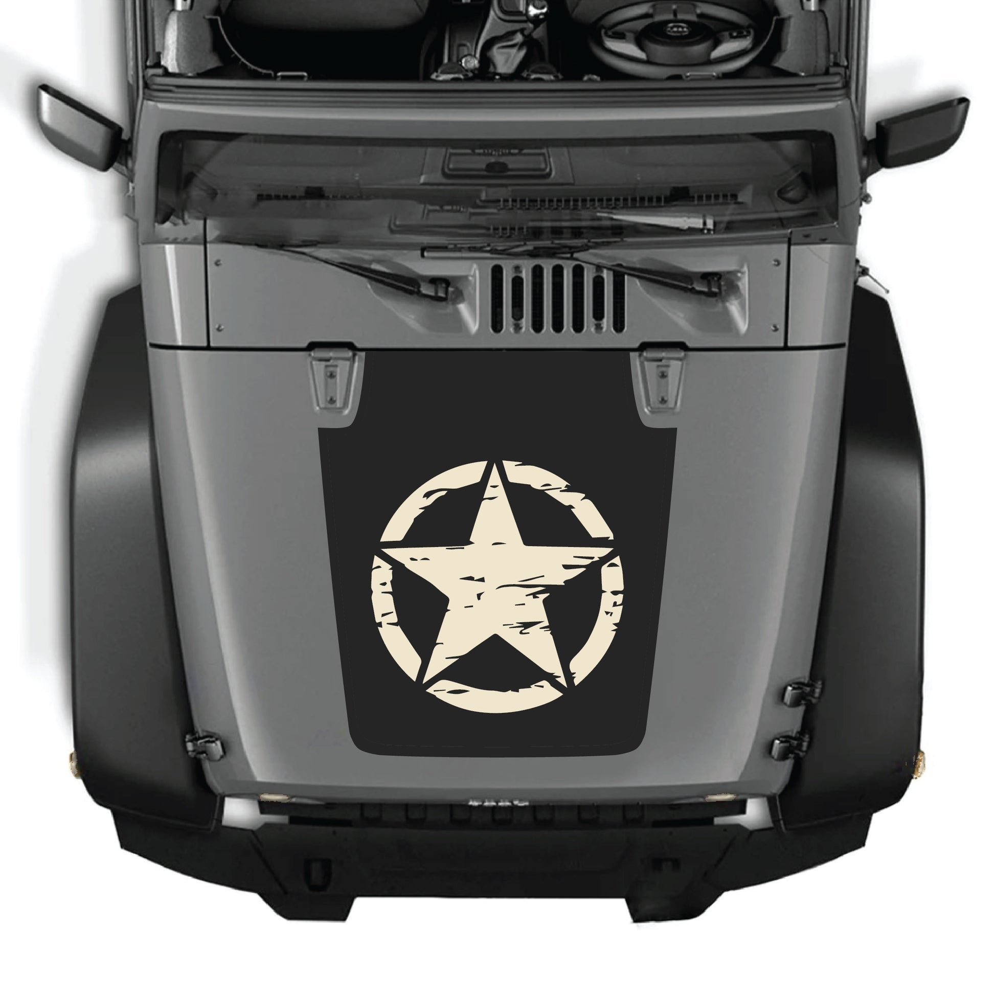 Full Jeep Wrangler JK JKU star hood decal graphic kit by CarCode, made of premium vinyl, featuring bold star design on vehicle hood.