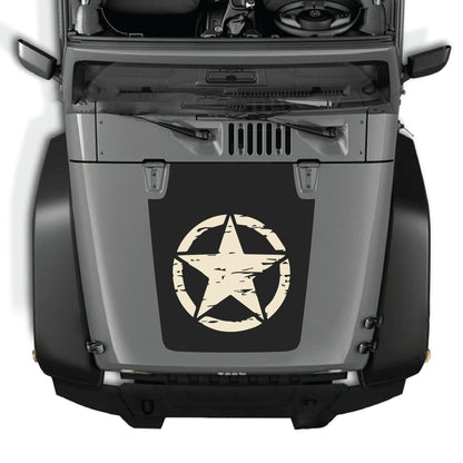 Full Jeep Wrangler JK JKU star hood decal graphic kit by CarCode, made of premium vinyl, featuring bold star design on vehicle hood.