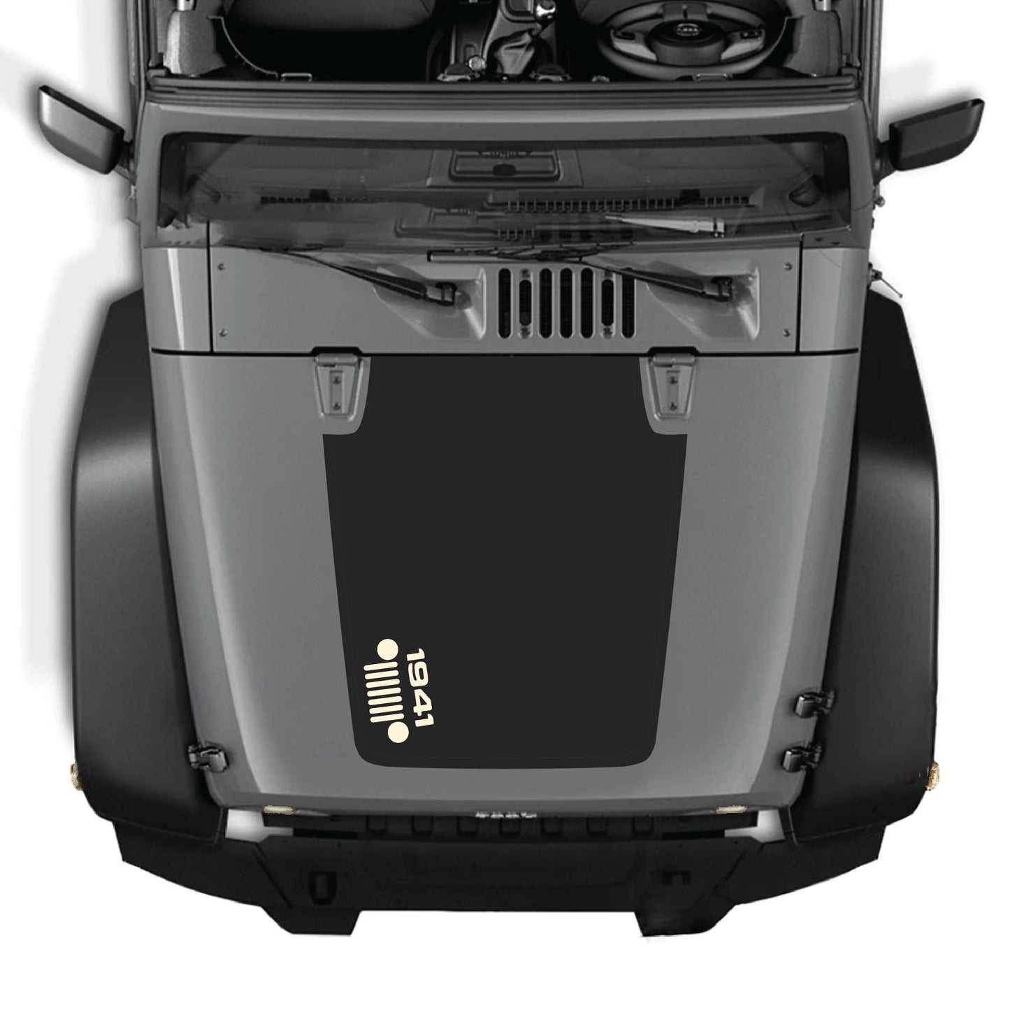 Left side hood decal for Jeep Wrangler JK/JKU 2007-2018, CarCode 1941 grill graphic sticker in premium vinyl.