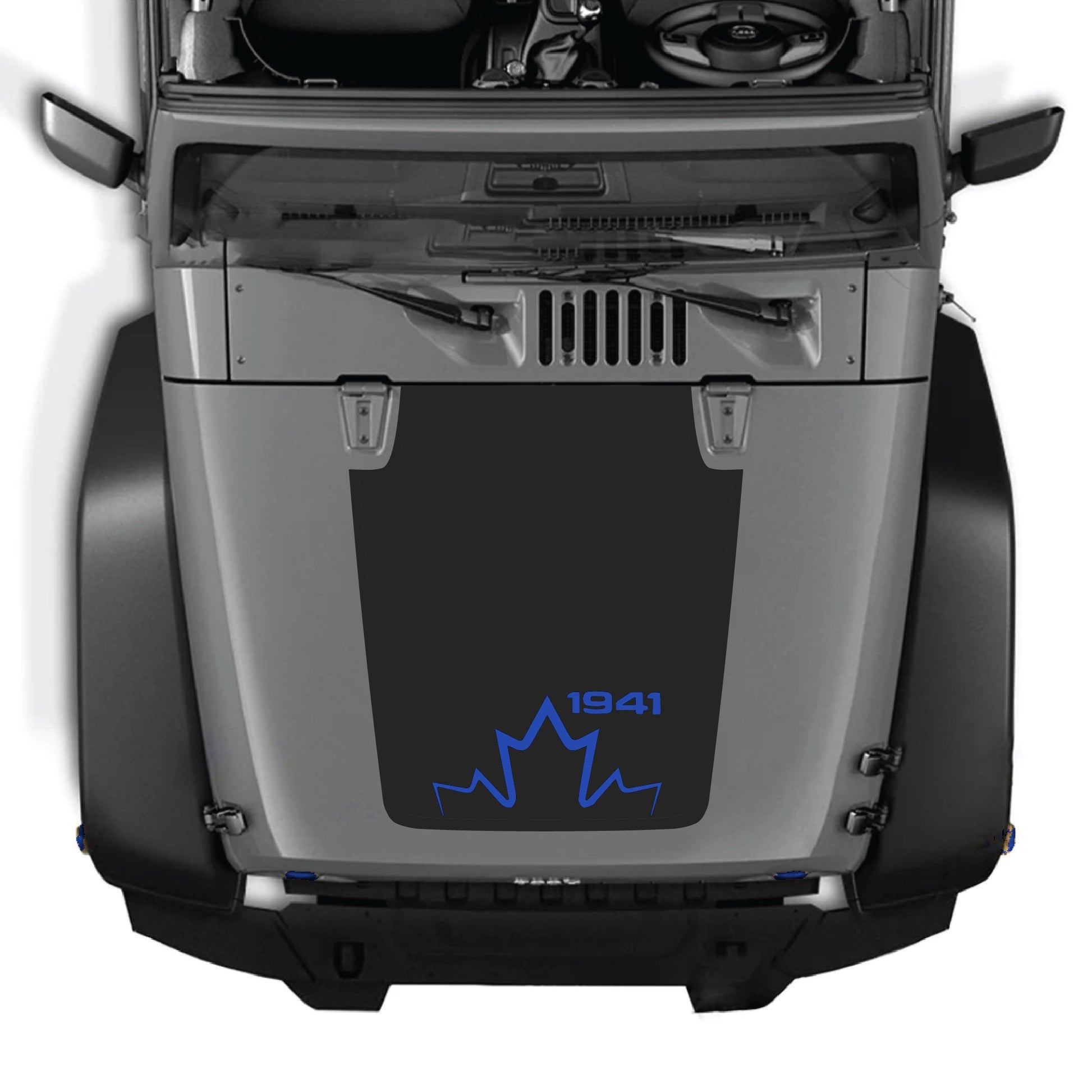 Canada 1941 hood decal graphic kit by CarCode on a Jeep Wrangler JK JKU, made of premium vinyl, visible on the vehicle's hood.