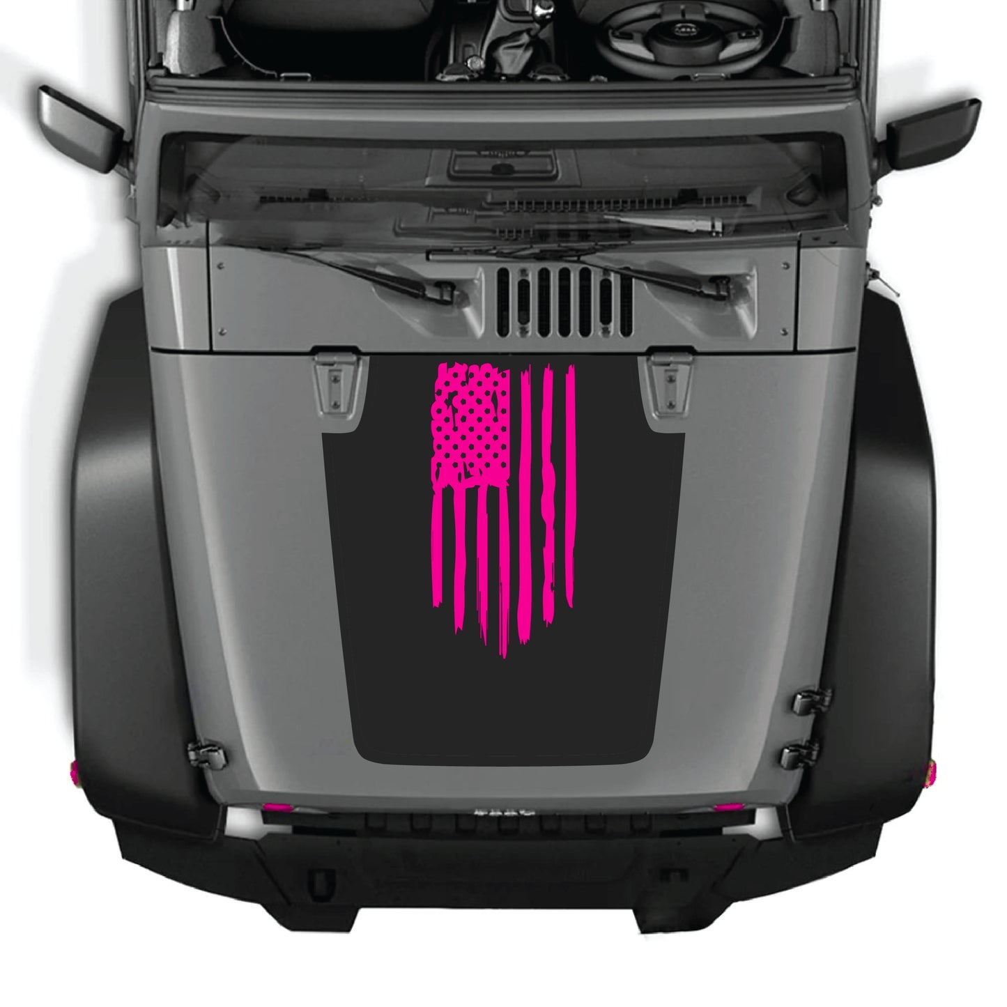 CarCode Jeep Wrangler hood decal with American flag graphic, premium vinyl sticker for JK JKU 2007-2018 models.