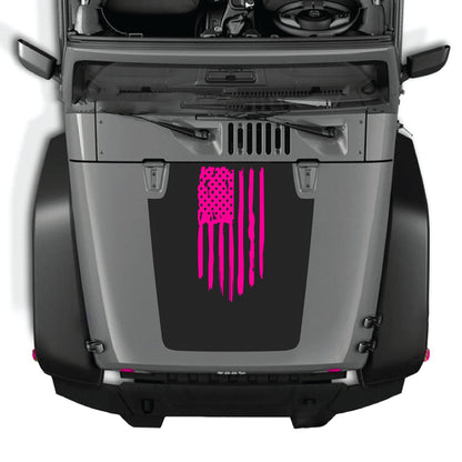 CarCode Jeep Wrangler hood decal with American flag graphic, premium vinyl sticker for JK JKU 2007-2018 models.