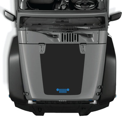Jeep Wrangler JK JKU hood decal graphic kit by CarCode with a bold vinyl grill design on a black hood.