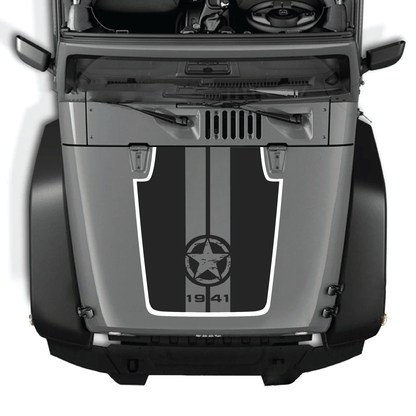 Jeep Wrangler JK JKU calcomanía para capó con diseño de estrella y franjas en vinilo blanco y negro de CarCode, para modelos 2007-2018.