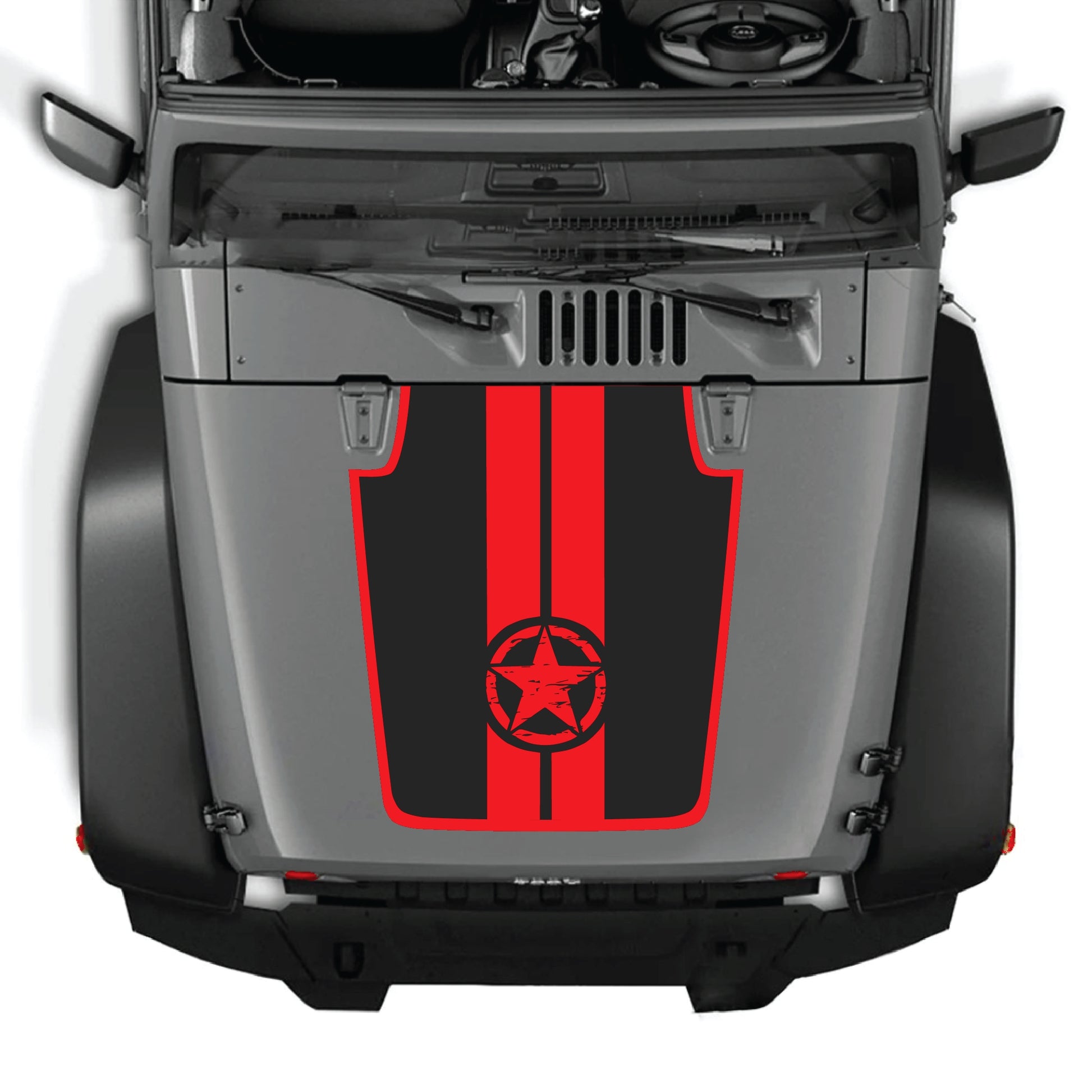 Jeep Wrangler JK hood decal featuring star and stripes design with border, made of premium vinyl by CarCode.