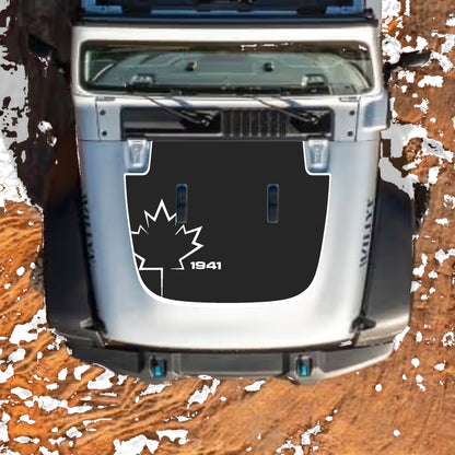 Hood Panel Decal/Sticker - Canada Leaf 1941 with Border Graphic Decal Graphic Kit - For Jeep JL JLU Sahara 2018-2025 - Premium Vinyl
