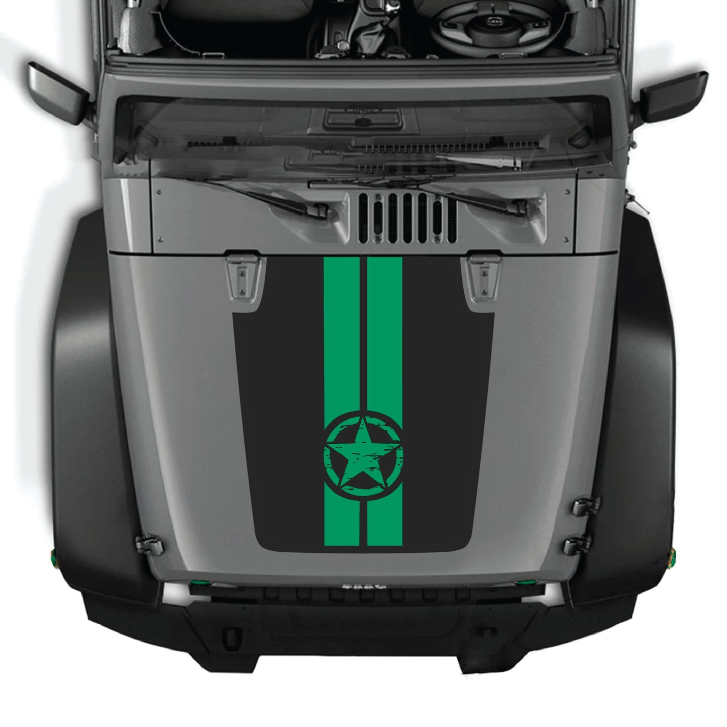 Jeep Wrangler JK hood decal with star and stripes graphic kit in black and white vinyl, designed for 2007-2018 models.
