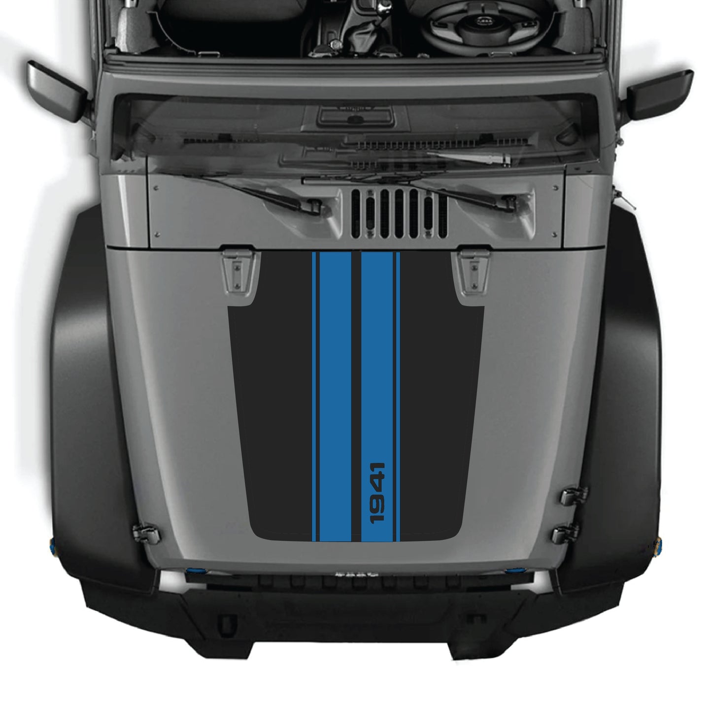 Jeep Wrangler JK hood with CarCode 1941 Stripes decal graphic kit in black and white vinyl, showcasing bold stripe design.