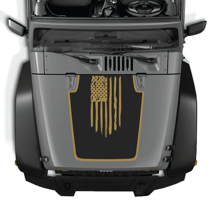 Jeep Wrangler JK JKU hood decal featuring an American flag with border graphic, made of premium vinyl by CarCode.