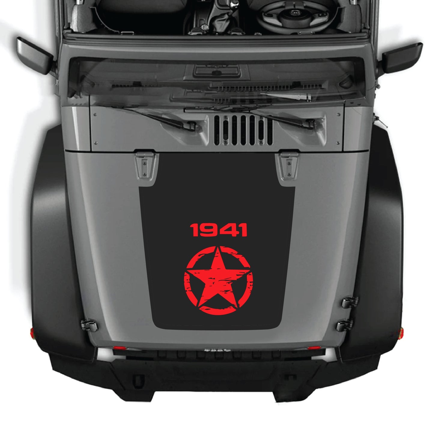 Jeep Wrangler JK hood decal with a center star graphic, made of premium vinyl for 2007-2018 models, by CarCode.