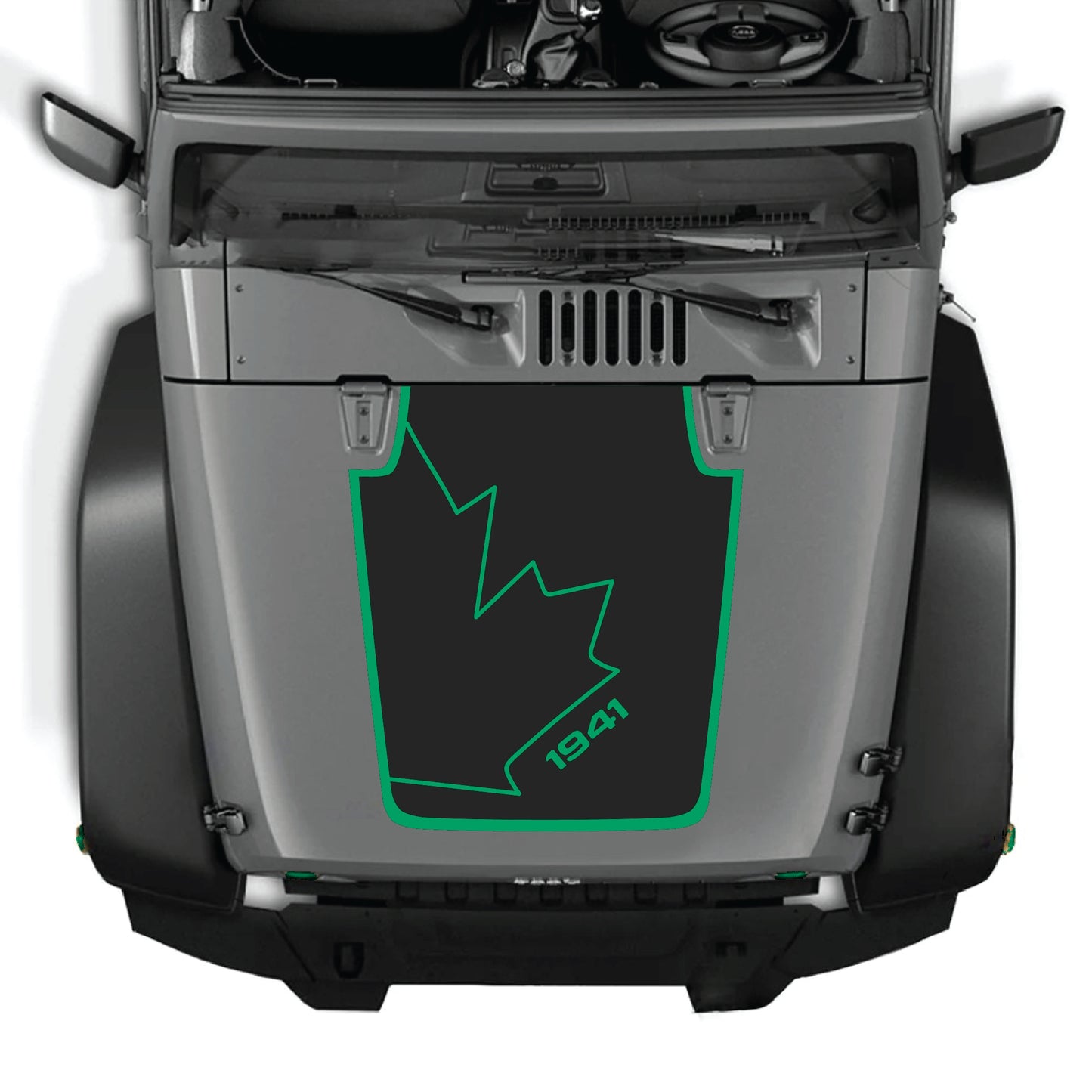 CarCode hood decal featuring a full Canadian leaf and border graphic for Jeep Wrangler JK JKU 2007-2018, made from premium vinyl.