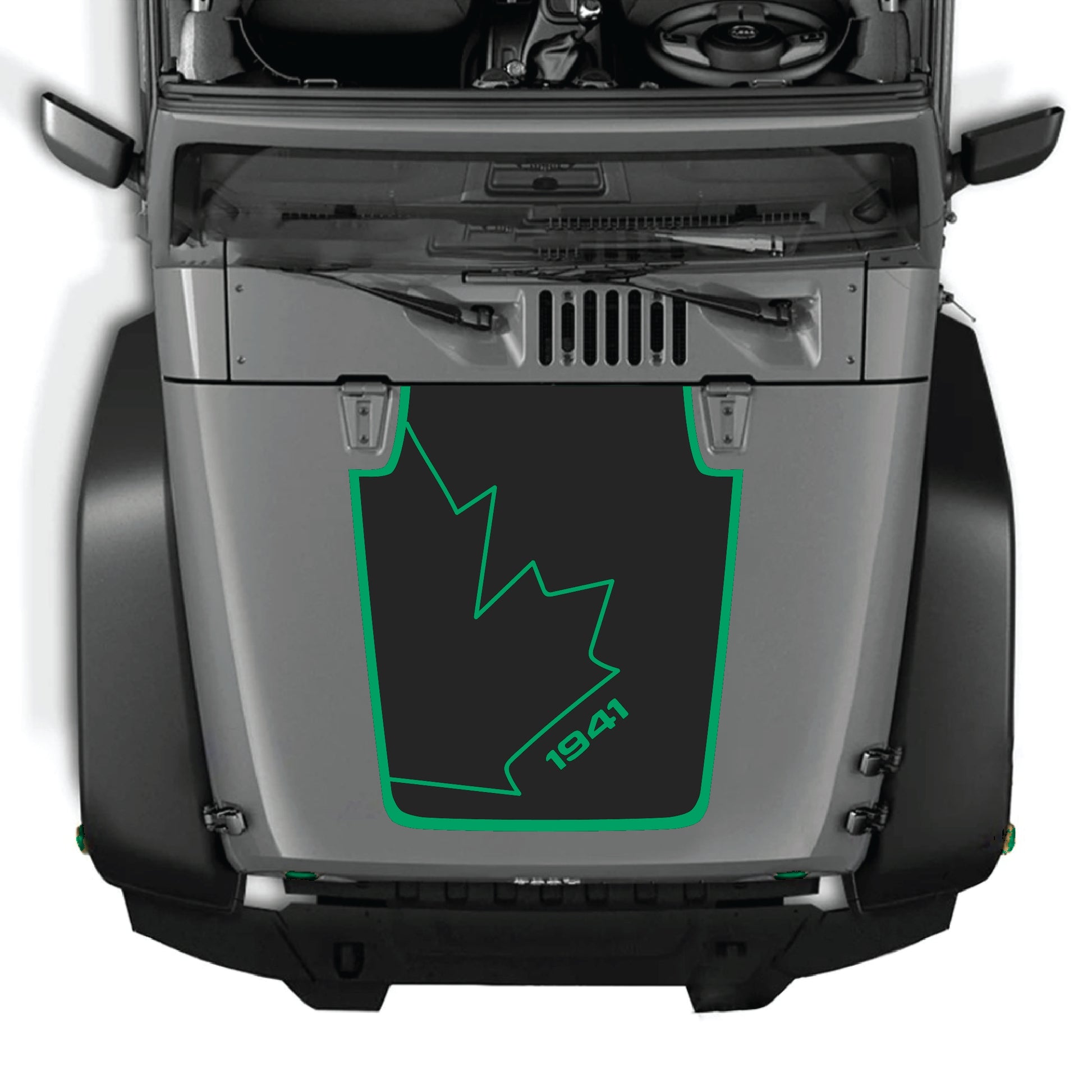 CarCode hood decal featuring a full Canadian leaf and border graphic for Jeep Wrangler JK JKU 2007-2018, made from premium vinyl.