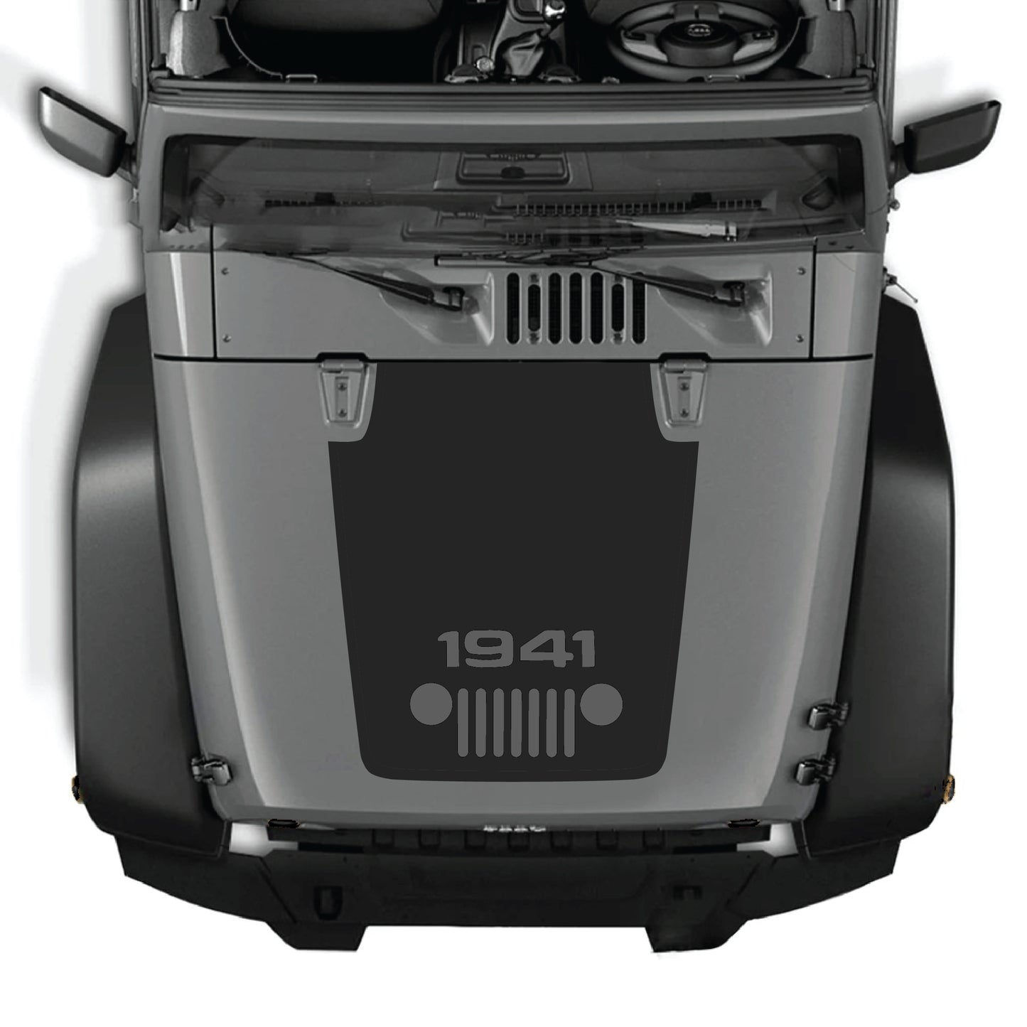 Jeep Wrangler JK JKU hood decal kit featuring a 1941 grill graphic on premium vinyl, designed for Jeep models from 2007-2018.