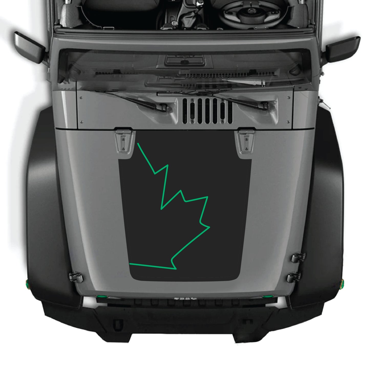 Canada full leaf hood decal graphic kit on a Jeep Wrangler JK with premium vinyl, featuring bold Canadian leaf design.