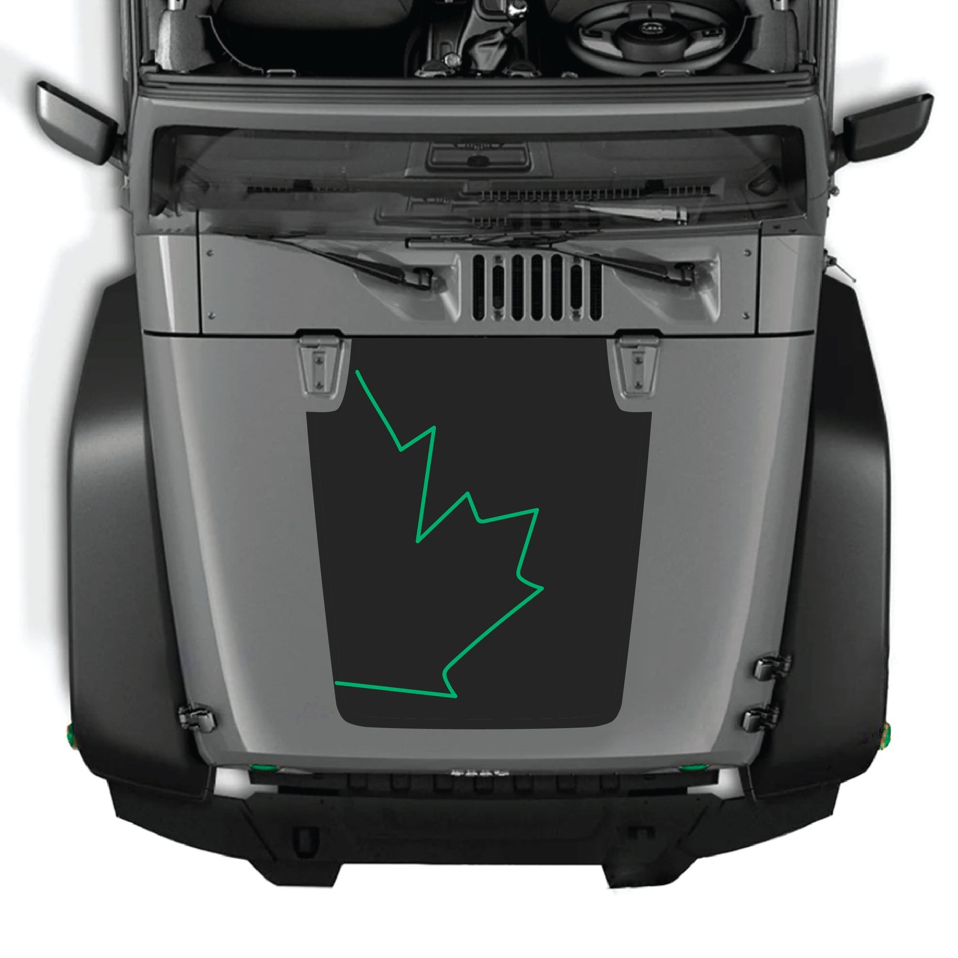 Canada full leaf hood decal graphic kit on a Jeep Wrangler JK with premium vinyl, featuring bold Canadian leaf design.