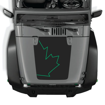 Canada full leaf hood decal graphic kit on a Jeep Wrangler JK with premium vinyl, featuring bold Canadian leaf design.