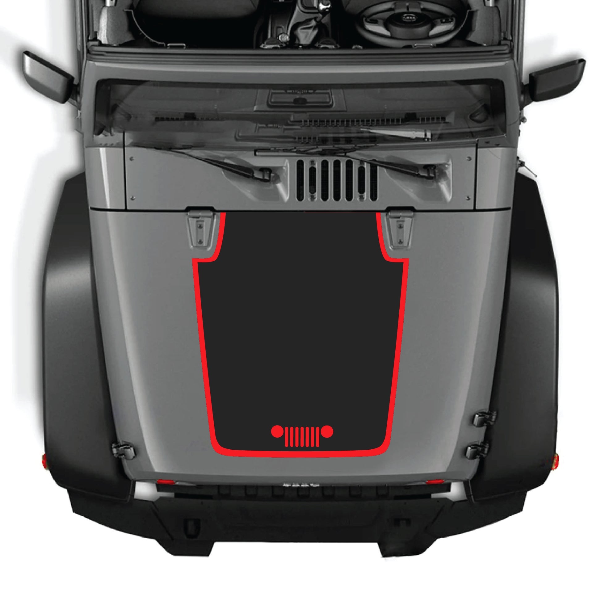 Jeep Wrangler JK JKU hood decal by CarCode featuring a grill with border graphic in premium vinyl for a bold, stylish look