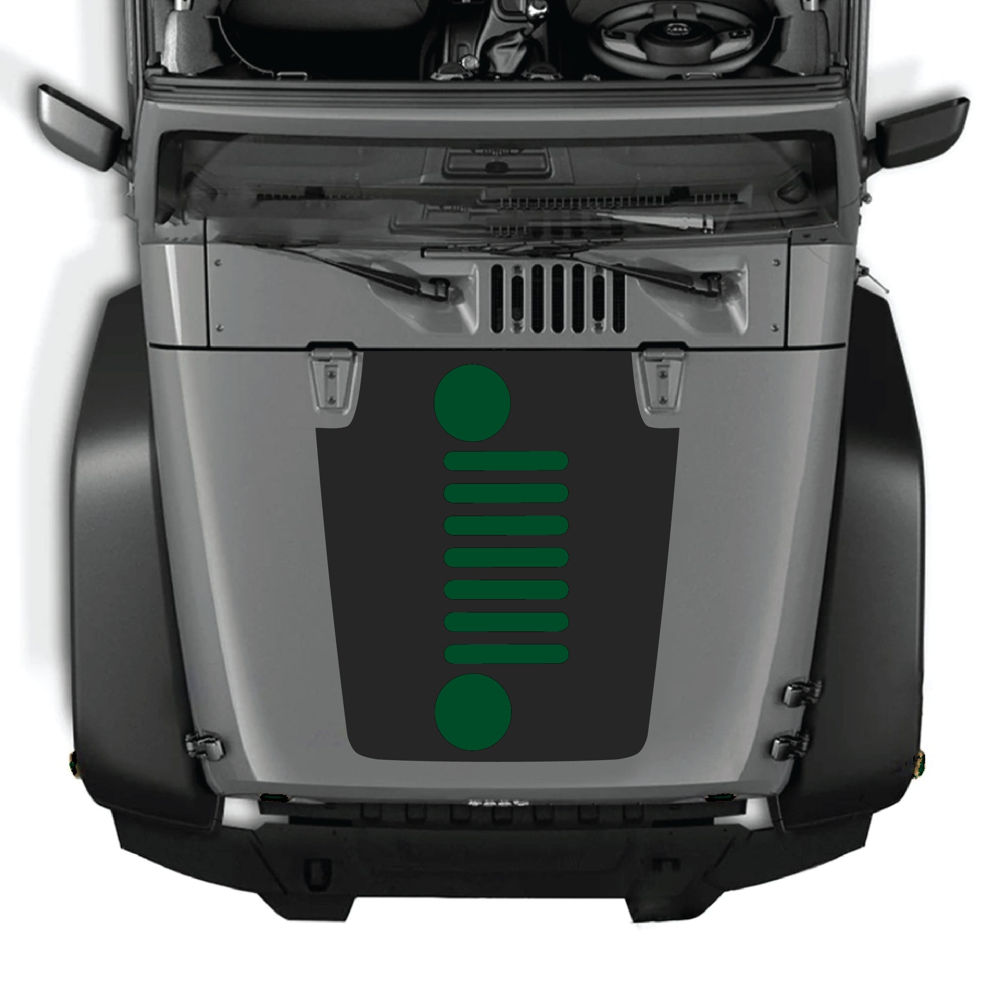 Vertical grill hood decal graphic kit for Jeep Wrangler JK JKU 2007-2018, made of premium vinyl, featuring bold design elements.