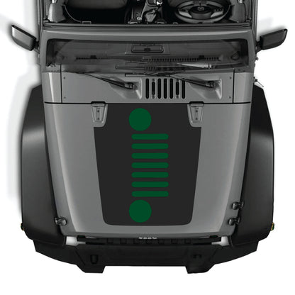 Vertical grill hood decal graphic kit for Jeep Wrangler JK JKU 2007-2018, made of premium vinyl, featuring bold design elements.