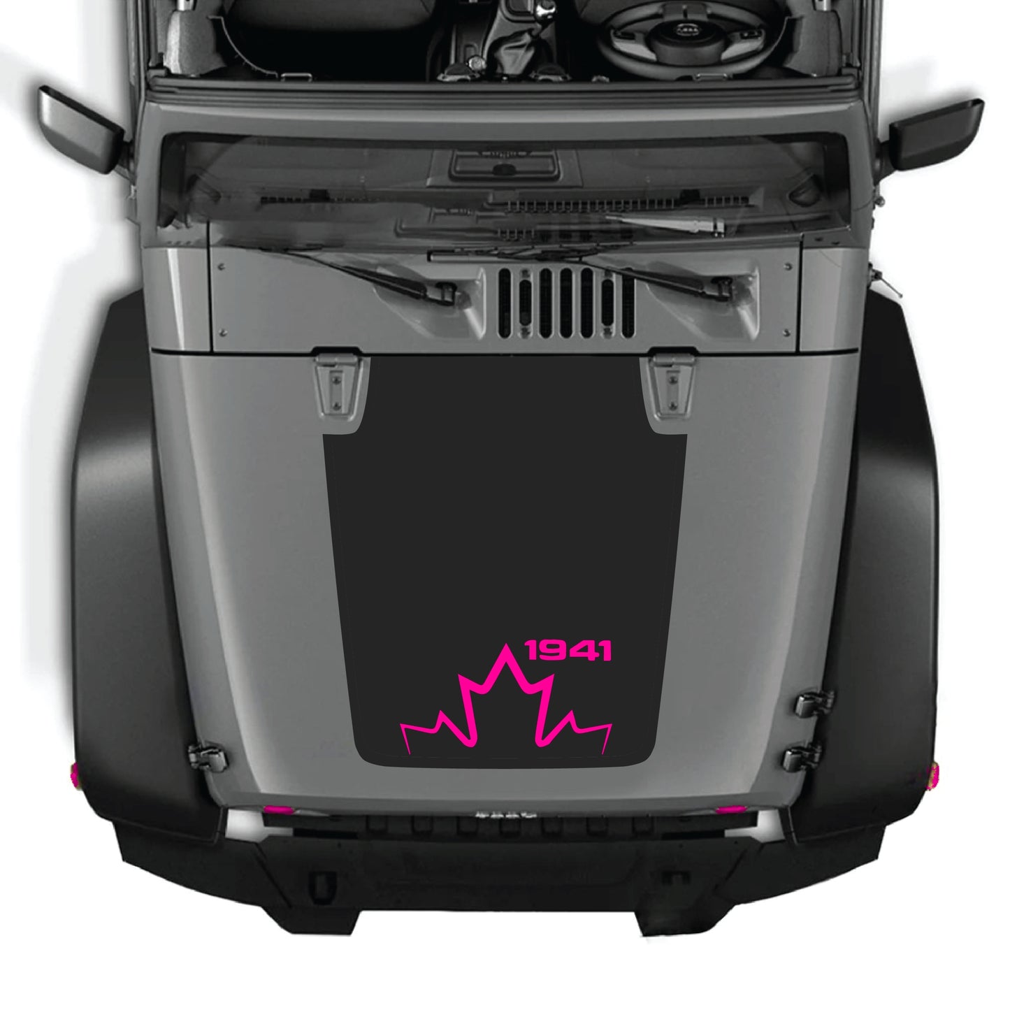 Canada 1941 hood decal graphic kit on black Jeep Wrangler JK JKU, made of premium vinyl, for 2007-2018 models.