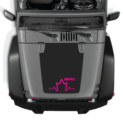 Canada 1941 hood decal graphic kit on black Jeep Wrangler JK JKU, made of premium vinyl, for 2007-2018 models.