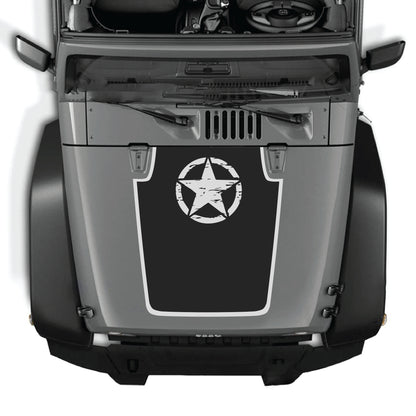 Jeep Wrangler JK JKU hood decal featuring a top star with border design, made of premium vinyl by CarCode.