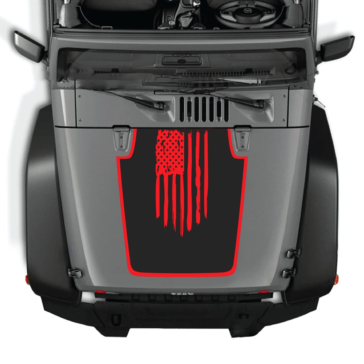 Jeep Wrangler JK hood decal featuring an American flag with border in premium vinyl by CarCode.
