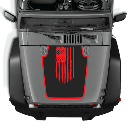 Jeep Wrangler JK hood decal featuring an American flag with border in premium vinyl by CarCode.