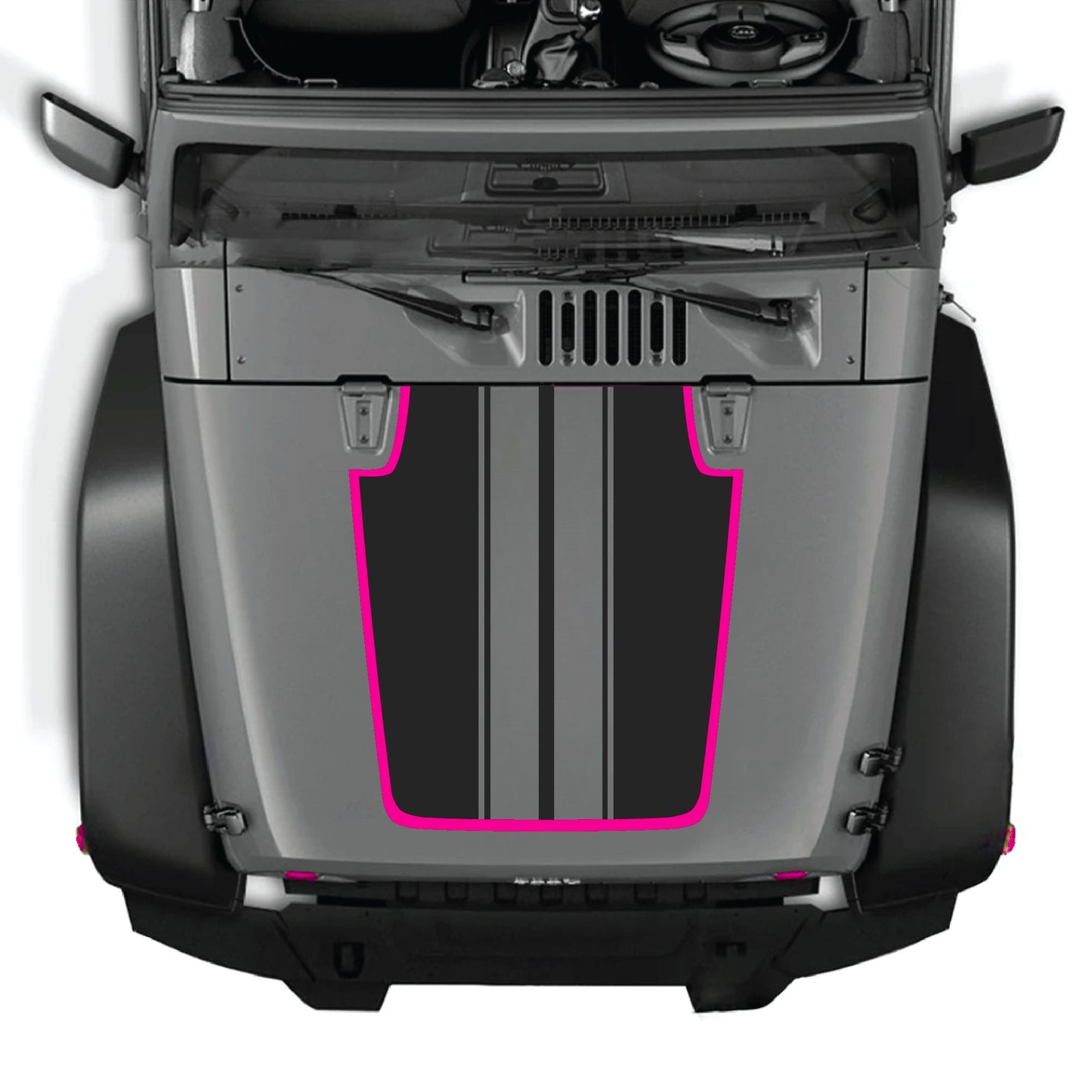 Calcomanía para capó de Jeep Wrangler JK JKU con gráfico de franjas en blanco y negro de CarCode, hecha de vinilo premium para una mejora elegante.