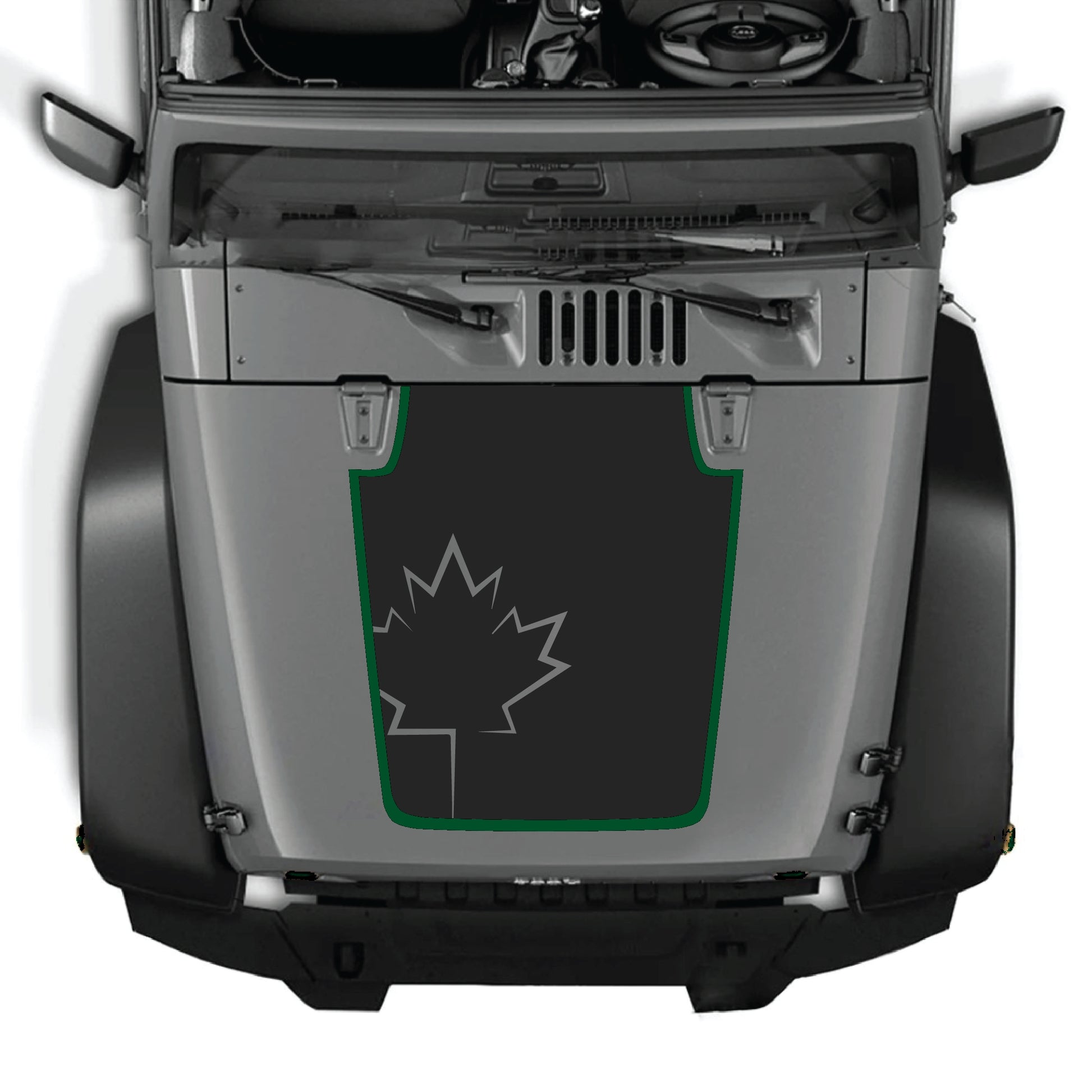 Kit gráfico de calcomanía de hoja de Canadá para capó en un Jeep Wrangler JK JKU, hecho de vinilo premium, con un diseño de hoja audaz para personalizar el vehículo.
