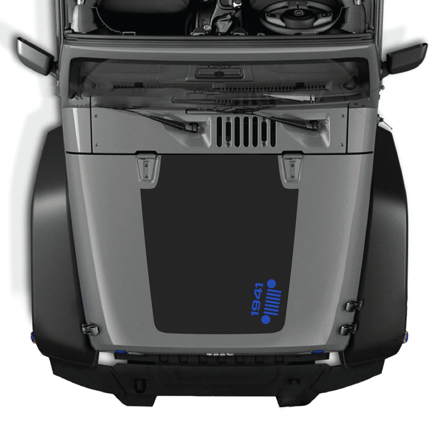 Right side hood decal with 1941 Jeep grill graphic in black premium vinyl for Jeep Wrangler JK JKU 2007-2018.