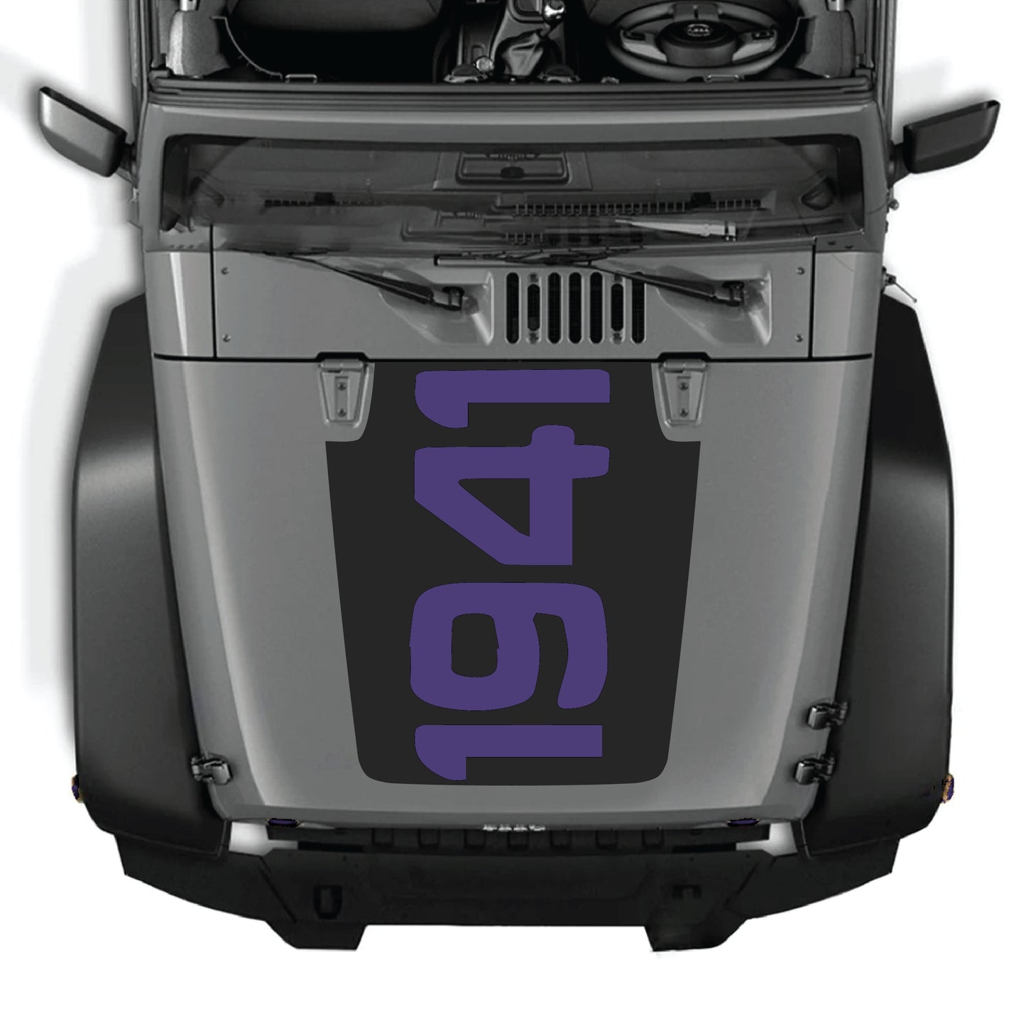 Jeep Wrangler JK JKU 2007-2018 hood decal graphic kit with 1941 design in premium vinyl by CarCode, featuring bold black and white lettering.
