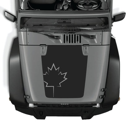Canada leaf hood decal graphic kit on a Jeep Wrangler JK JKU, made of premium vinyl with bold leaf design for vehicle customization.