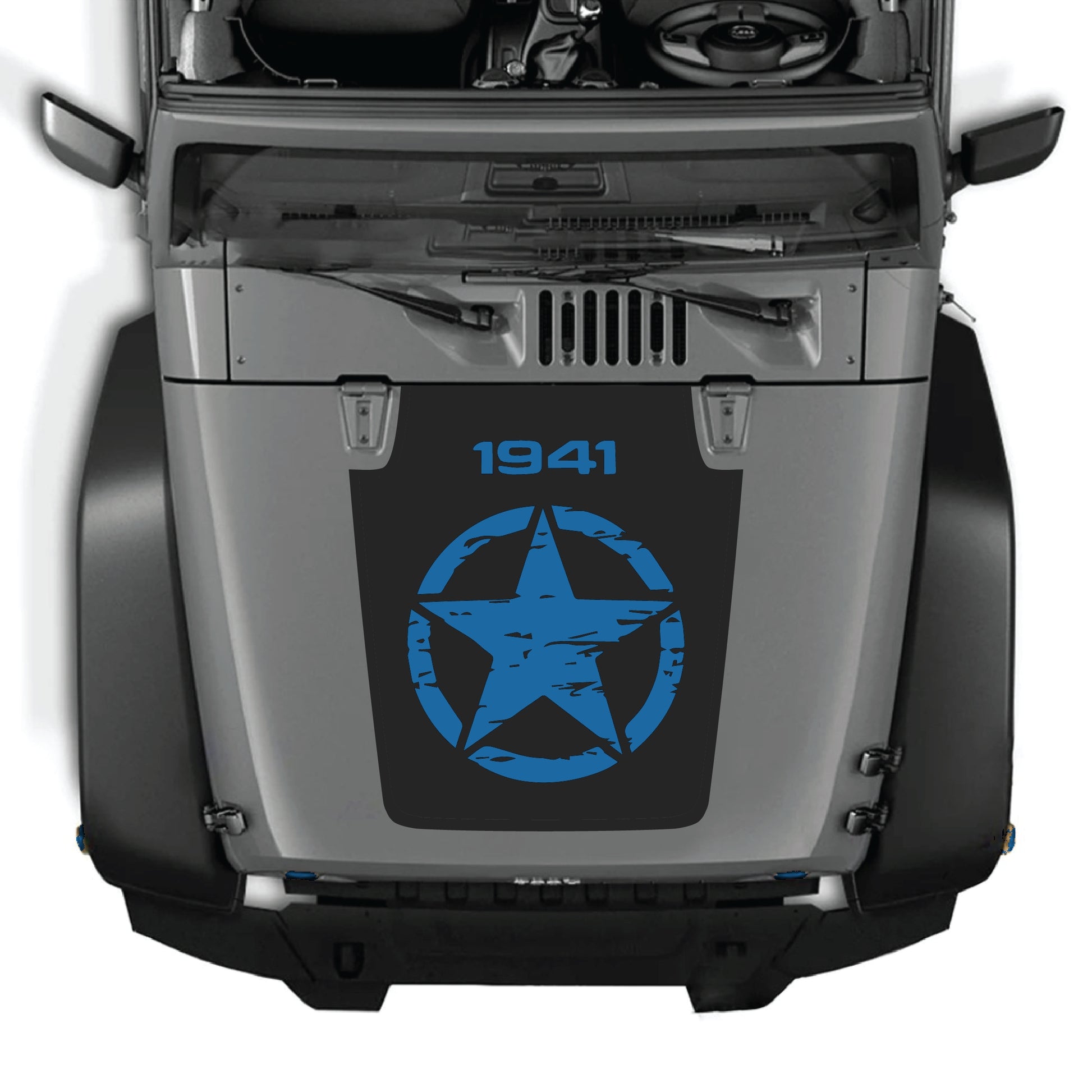Full Jeep Wrangler JK hood decal with a full star graphic in black vinyl from CarCode, designed for 2007-2018 models.