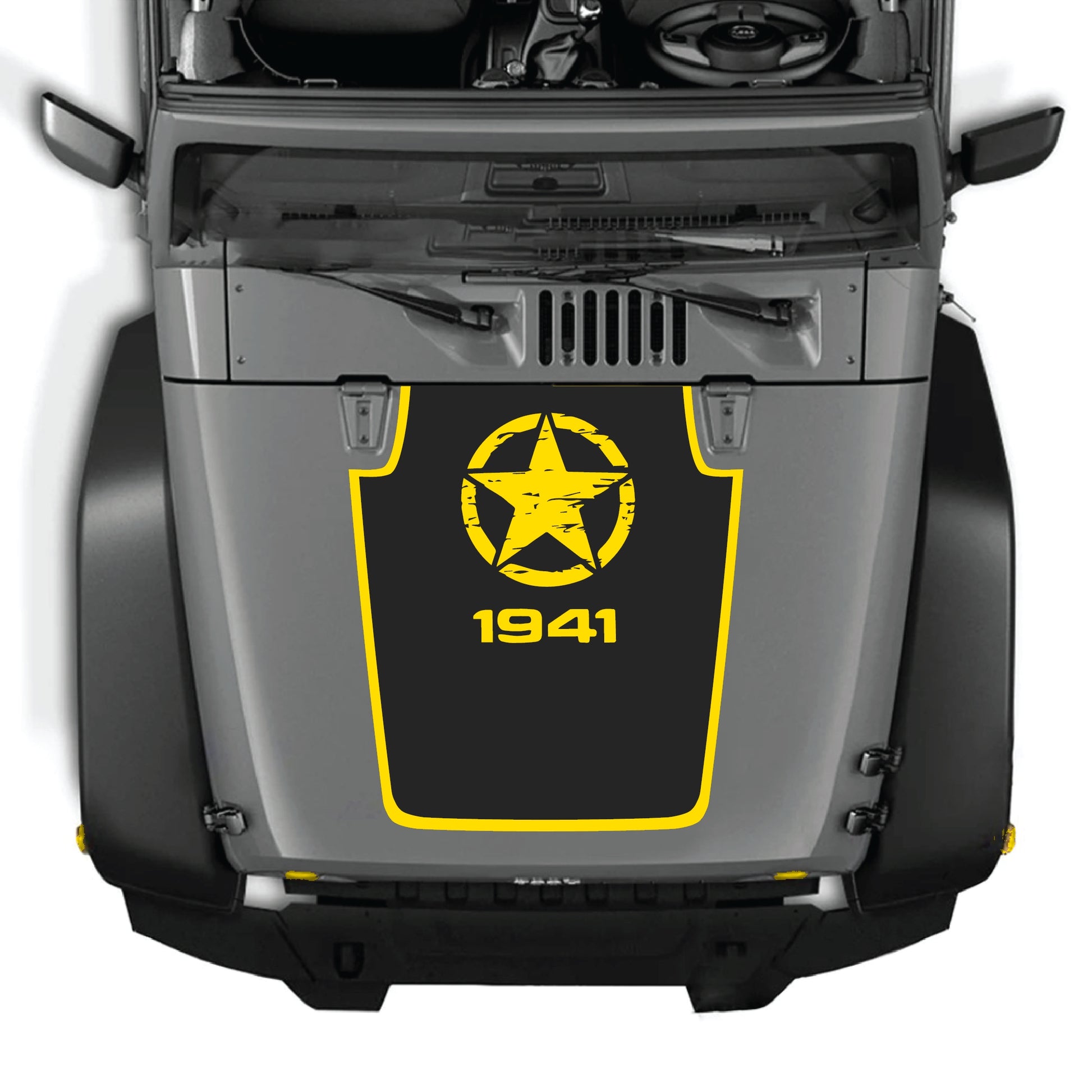 Jeep Wrangler JK JKU hood decal with Top Star 1941 border graphic in black and white vinyl, designed by CarCode.