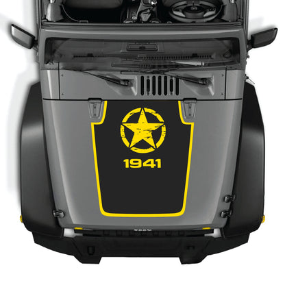 Jeep Wrangler JK JKU hood decal with Top Star 1941 border graphic in black and white vinyl, designed by CarCode.