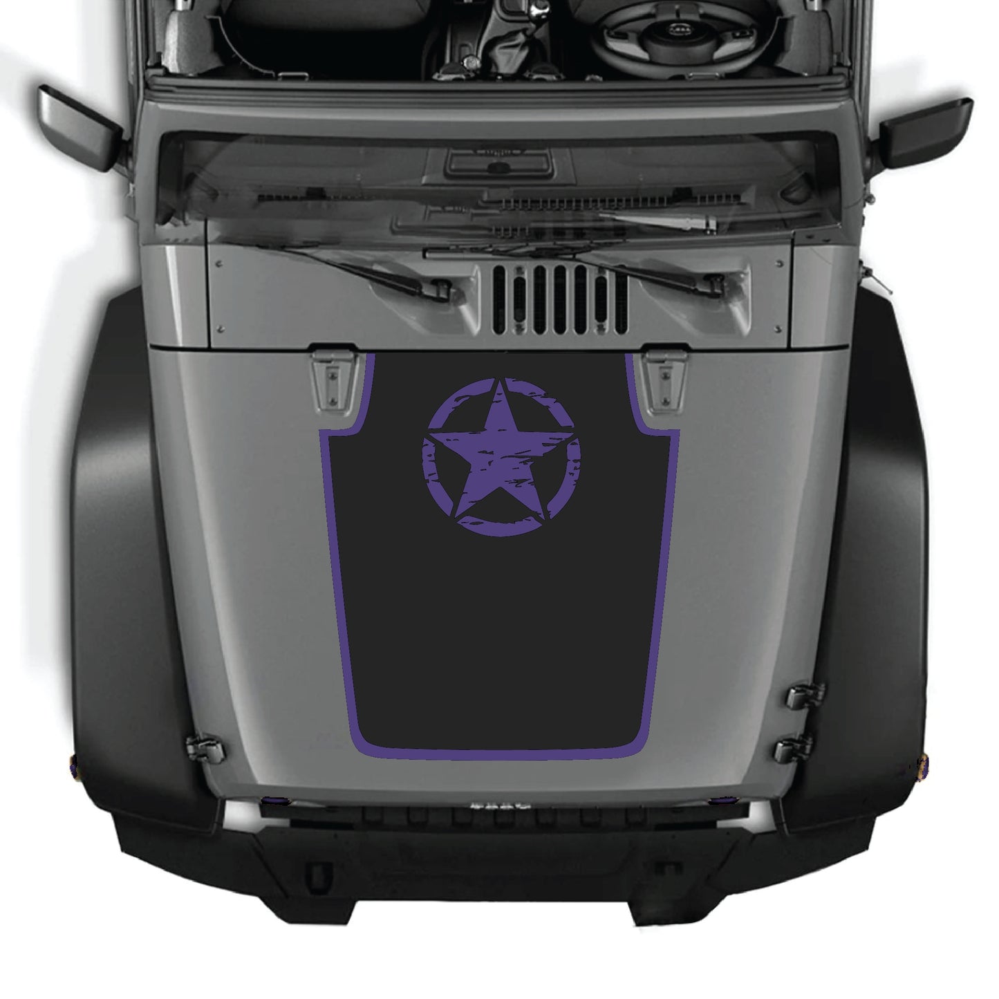 Jeep Wrangler JK JKU hood decal featuring a top star with border graphic, made of premium vinyl by CarCode, designed for 2007-2018.