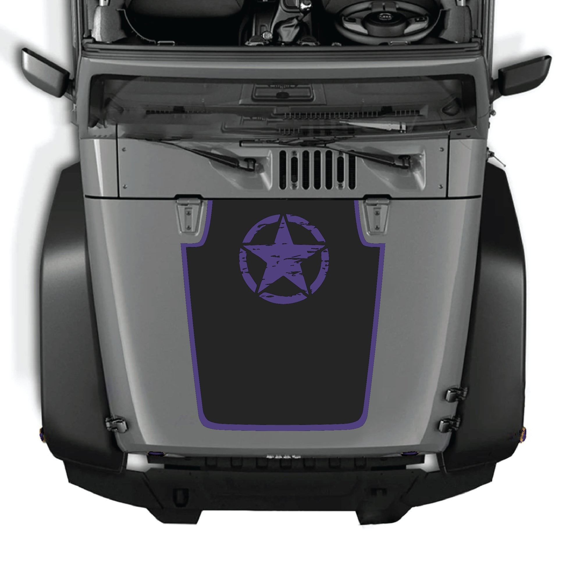 Jeep Wrangler JK JKU hood decal featuring a top star with border graphic, made of premium vinyl by CarCode, designed for 2007-2018.