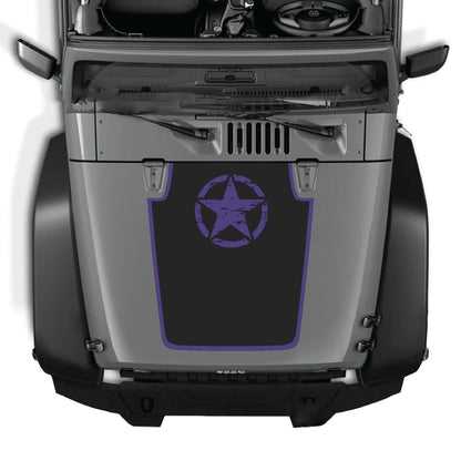 Jeep Wrangler JK JKU hood decal featuring a top star with border graphic, made of premium vinyl by CarCode, designed for 2007-2018.